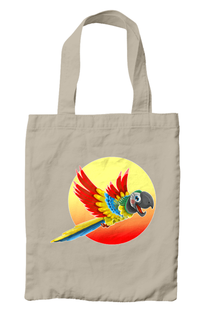 Сумка з принтом "Папуга На Тлі Сонця". Ара, веселий, відпочинок, відпустка, диск, жарко, жовтий, коло, кольоровий, крила, літає, літо, папуга, папужка, пір`я, політ, помаранчевий, птах, різнокольоровий, сонце, сонячно, спека, тепло, тропіки, у польоті, червоний. 2070702