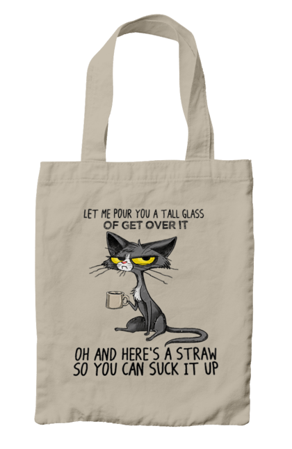 Сумка з принтом "Як це пережити?". Велика склянка, випий, все відмінно, йди нахуй, кіт і кухоль, налий, роздум, смоктати, як це подолати. 2070702