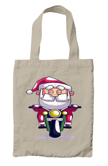Сумка з принтом "Щасливий Санта на мотоциклі". 2022, дід мороз, зима, мотоцикл, новий рік, різдво, санта, сніг. 2070702