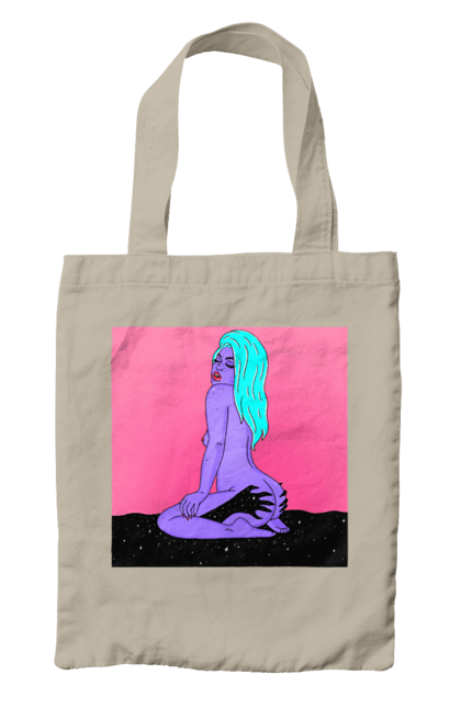 Сумка з принтом "Фіолетова Дівчина В Руках". Дівчина, інопланетянка, сидить. 2070702