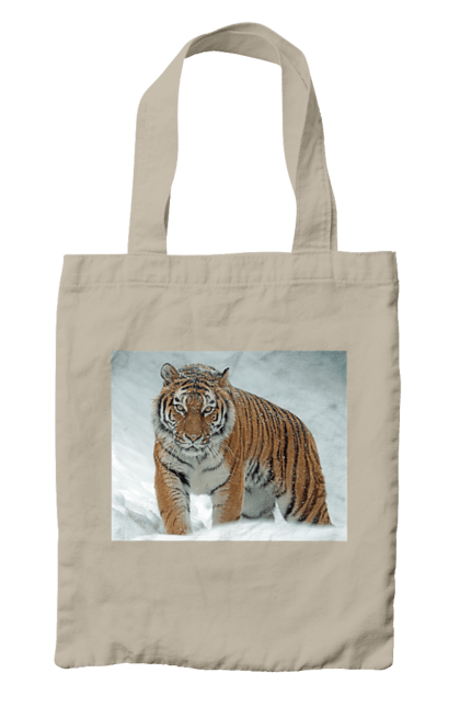 Сумка з принтом "Тигр у снігу". Велика кішка, великий кіт, дика природа, дикий, звір, зуби, погляд, портрет, природа, стилізація, тварина, тигр, хижак. CustomPrint.market