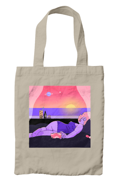 Bag with prints Purple Girl On Vacation. Girl, sunset, telephone. 2070702