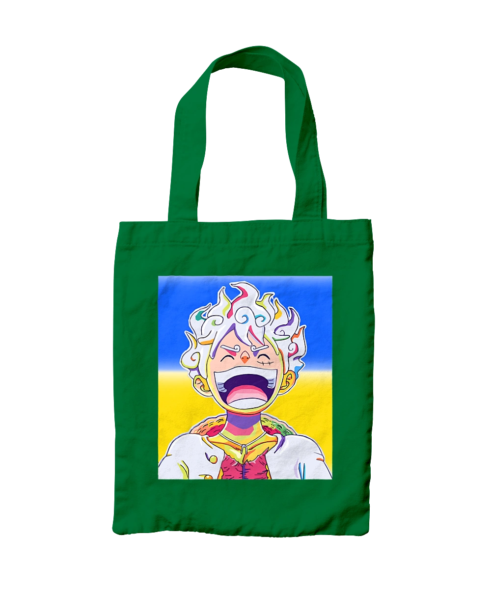 Monkey D Luffy laughing on a yellow blue background