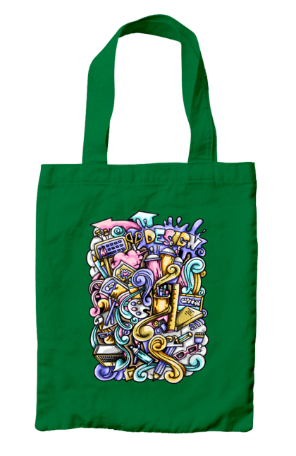 Bag with prints School of learning. Calculator, copybook, office, pen, pencil, school, teaching. 2070702