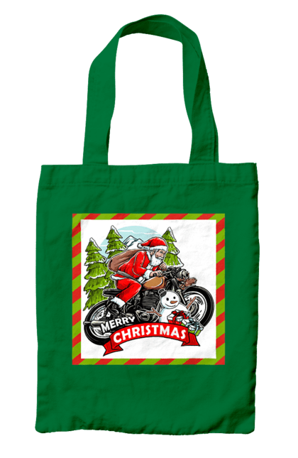 Сумка с принтом Санта на мотоцикле. Елка, мотоцикл, новый год, подарки, рождество, санта, снеговик. 2070702
