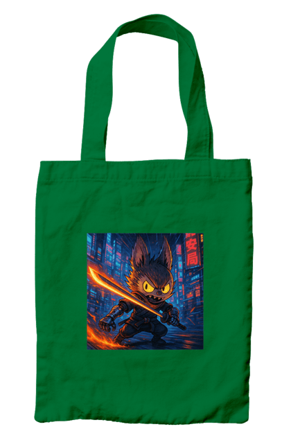 Сумка з принтом "Лабубу". Аніместиль, дія, катана, кіберніндзя, кіберпанк, лабубу, меч, неонове місто, очі` що світяться. 2070702