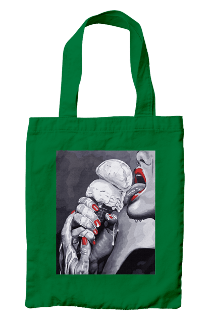 Сумка з принтом "Смак ескімо". Апетитне ескімо, вона лиже, дівчина та морозиво, лиже мовою, смак ескімо, смак морозива, тече по губах, тече по руках. 2070702