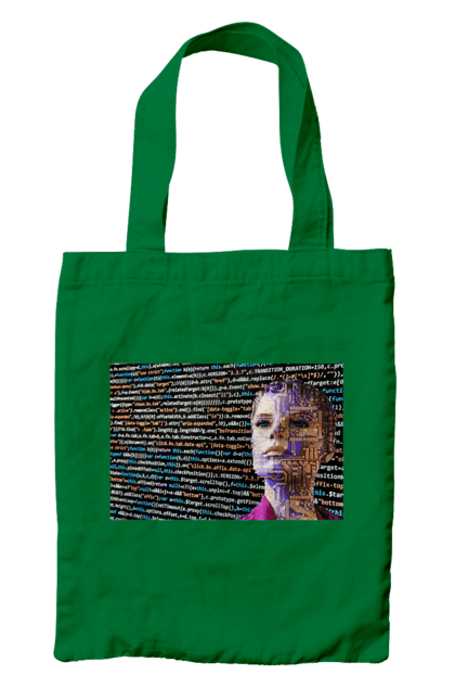 Сумка з принтом "Штучний Розум". Айті, айтішник, гик, жінка, знання, інженер, інтелект, кібер, кібернетика, кіборг, код, комп, комп`ютерник, кристал, машинне навчання, мікросхема, мозок, портрет, програміст, професіонал, професія, розробник, розум, світиться, світло, хакер, чіп, штучний інтелект, штучний розум. 2070702