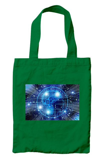 Сумка з принтом "Штучний інтелект". Айті, айтішник, гік, знання, інженер, інтелект, кібер, кібернетика, кіборг, код, комп, комп`ютерник, кристал, машинне навчання, мікросхема, мозок, портрет, програміст, професіонал, професія, розробник, розум, хакер, чіп, штучний інтелект, штучний розум. 2070702