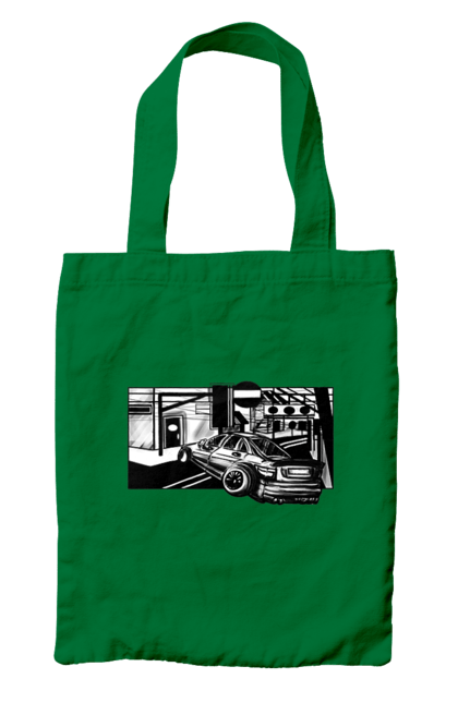 Bag with prints Dangerous Car on the roads of the streets. Black and white, car, dangerous, fast, machine, race. 2070702