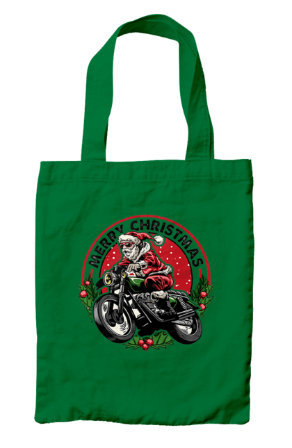 Сумка з принтом "Щасливого Різдва, дід мороз на мотоциклі". 2022, дід мороз, зима, мотоцикл, новий рік, подарунки, різдво, санта, сніг. 2070702