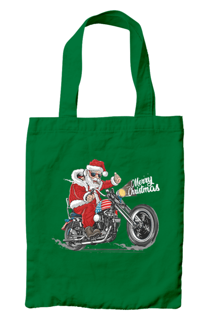 Сумка з принтом "Санта в окулярах на мотоциклі". Байкер, дід мороз, зима, мотоцикл, новий рік, різдво, санта, санта клаус, сніг, щасливого різдва. 2070702