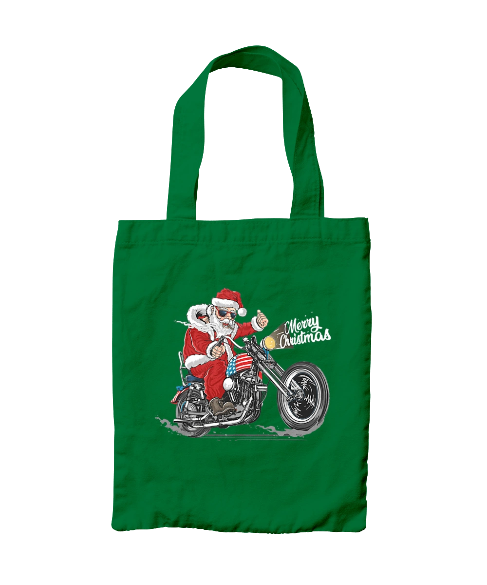 Santa in glasses on a motorcycle