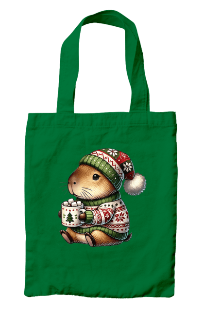 Bag with prints Capybara with hot chocolate. Animal, capybara, christmas, christmas capybara, gift, holiday, hot chocolate, new year, santa. 2070702