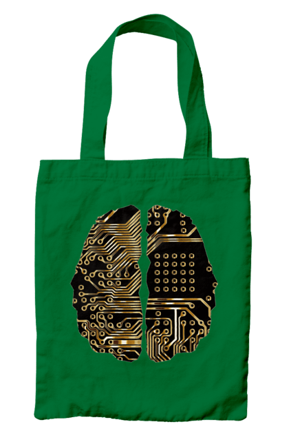 Сумка з принтом "Мозок Айті". Айті, айтішник, гик, знання, золотий, золото, інженер, кібер, кібернетика, кіборг, код, комп, кристал, мікросхема, мозок, програміст, професіонал, професія, розробник, розум, чіп. 2070702