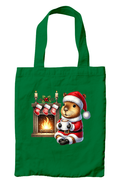 Bag with prints Capybara by the fireplace with hot chocolate. Animal, capybara, christmas, christmas capybara, fireplace, gift, holiday, hot chocolate, new year, santa. 2070702