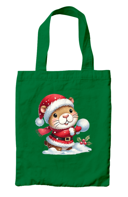 Bag with prints Capybara playing snowballs. Animal, capybara, christmas, christmas capybara, game, gift, holiday, new year, santa, snowballs. 2070702