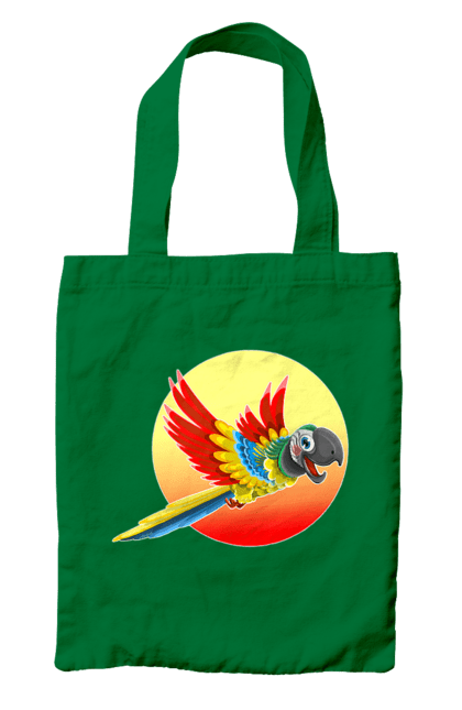 Сумка з принтом "Папуга На Тлі Сонця". Ара, веселий, відпочинок, відпустка, диск, жарко, жовтий, коло, кольоровий, крила, літає, літо, папуга, папужка, пір`я, політ, помаранчевий, птах, різнокольоровий, сонце, сонячно, спека, тепло, тропіки, у польоті, червоний. 2070702