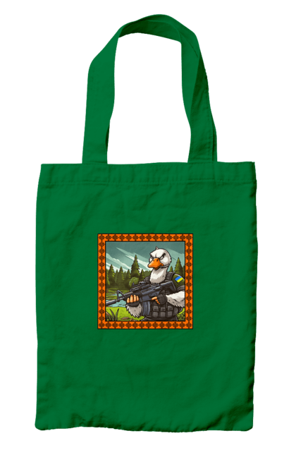 Bag with prints Goose landing. Armed forces, biological weapons, fighting geese, flag, goose landing, military goose, symbolics, ukraine. 2070702