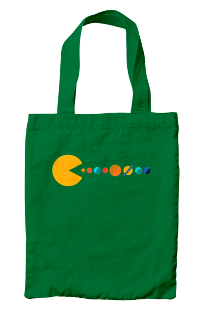 Сумка з принтом "Pac Man Planets". Atari, namco, pac man, аркадна відеогра, відеогра, комп`ютерна гра, космос, лабіринт, планети, сонячна система. 2070702