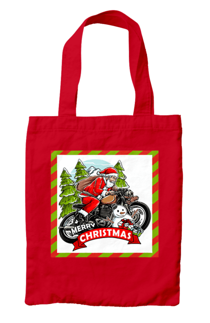 Bag with prints Santa on a motorcycle. Christmas, motorcycle, new year, presents, santa, snowman, tree. 2070702