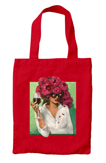 Сумка з принтом "Дівчина з півоніями та келихом". Вино, дівчина, квітка, келих, літо, окуляри, півонії, сорочка. 2070702