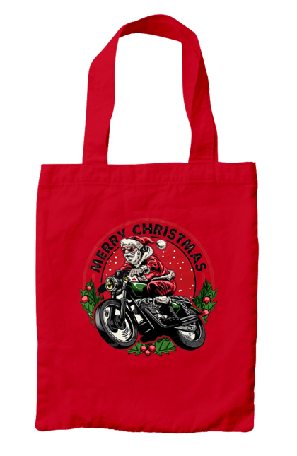 Сумка з принтом "Щасливого Різдва, дід мороз на мотоциклі". 2022, дід мороз, зима, мотоцикл, новий рік, подарунки, різдво, санта, сніг. 2070702