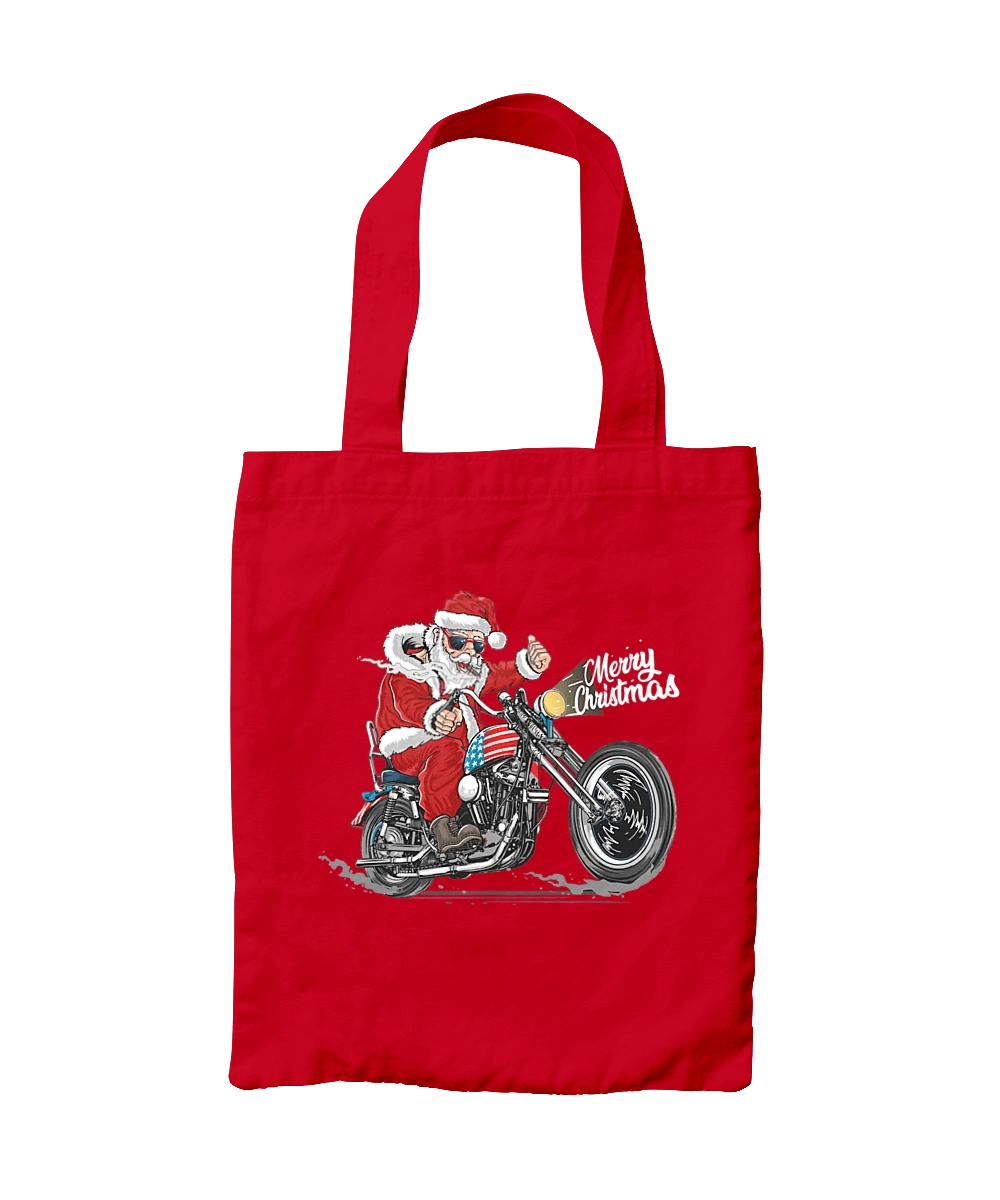 Santa in glasses on a motorcycle
