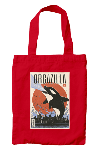 Bag with prints Orcazilla. Cartoon style design, graphic, japan print, japanese, japanese art, japanese poster, japanese poster orca, ocean wildlife, orca, orcazilla. 2070702