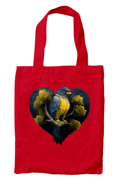 Bag with prints Blue and yellow falcon. Falcon, flag of ukraine, heart, symbol of ukraine, tree, ukraine. 2070702