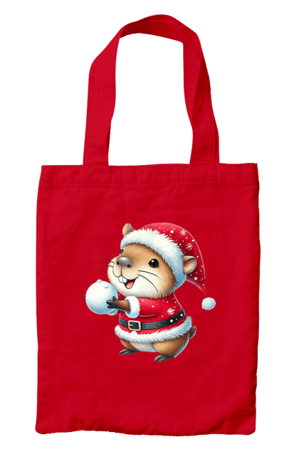 Bag with prints Capybara playing snowballs. Animal, capybara, christmas, christmas capybara, game, gift, holiday, new year, santa, snowballs. 2070702