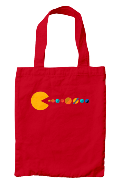 Сумка з принтом "Pac Man Planets". Atari, namco, pac man, аркадна відеогра, відеогра, комп`ютерна гра, космос, лабіринт, планети, сонячна система. 2070702