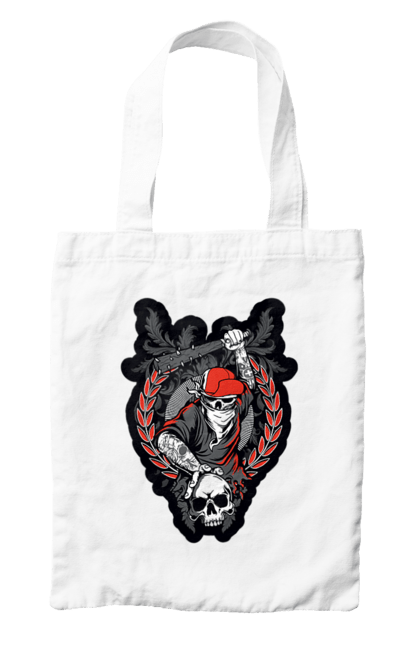 Bag with prints Skeleton with a bat. Bit, bones, cap, gang, nails, scull, skeleton, tattoo, teeth. 2070702