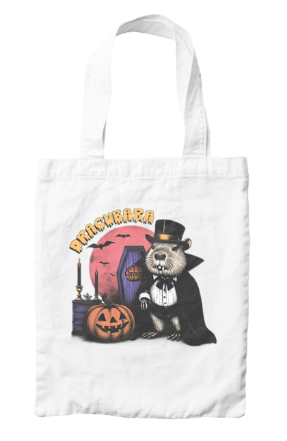 Bag with prints Capybara Halloween. Animal, capybara, ghost, halloween, holiday, moon, pumpkin, rodent, vampire. 2070702