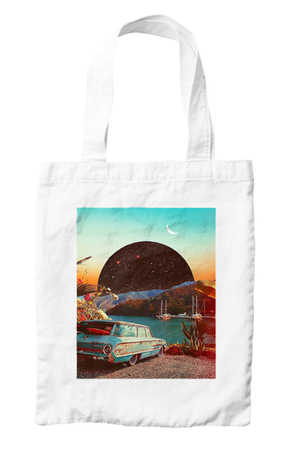 Bag with prints Painting, car by the river. Joke, machine, picture, planet, retro, river. 2070702