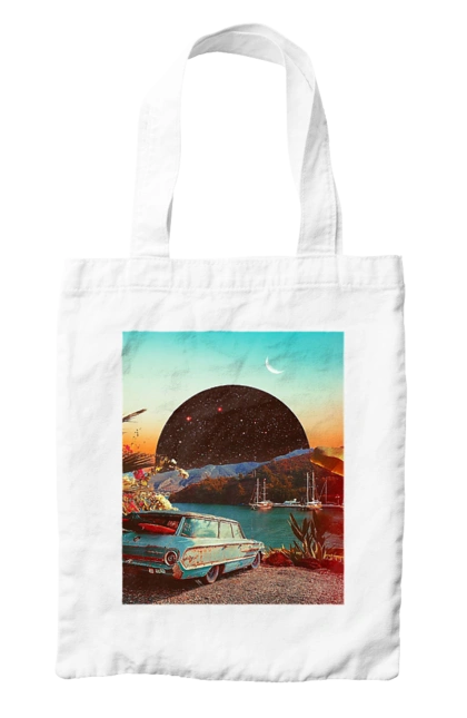 Bag with prints Painting, car by the river. Joke, machine, picture, planet, retro, river. 2070702