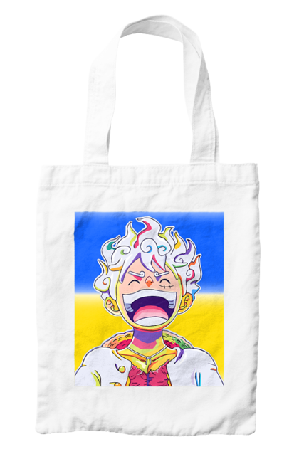 Сумка с принтом Монки д Луффи смеется на желтом синем фоне.. Ван пис, луффи, монки д. луффи, символ украины, украина, флаг украины. 2070702