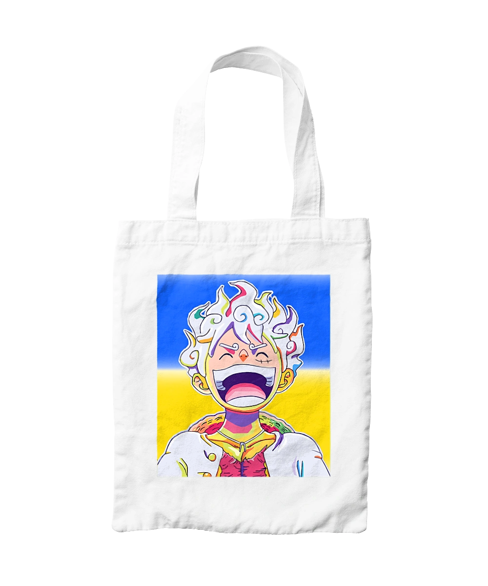 Monkey D Luffy laughing on a yellow blue background