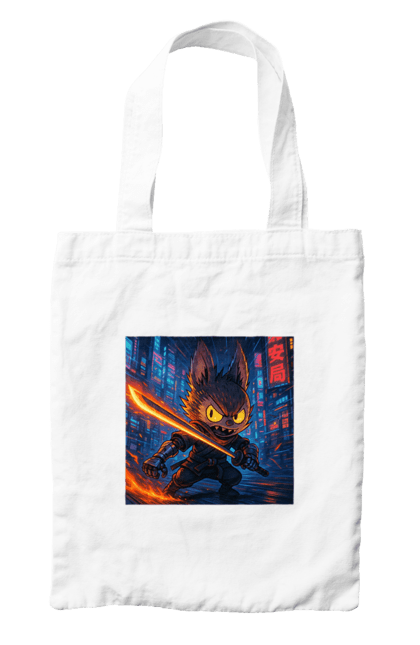 Сумка з принтом "Лабубу". Аніместиль, дія, катана, кіберніндзя, кіберпанк, лабубу, меч, неонове місто, очі` що світяться. 2070702