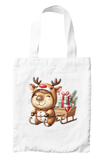 Bag with prints Christmas Capybara with a Gift. Animal, capybara, christmas, christmas capybara, gift, holiday, new year, new year`s gift, santa. 2070702