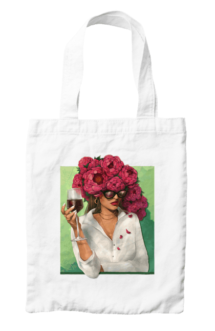 Bag with prints Girl with peonies and a glass. Flower, girl, glasses, goblet, peonies, shirt, summer, wine. 2070702