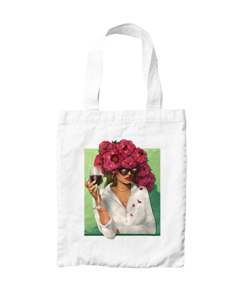 Girl with peonies and a glass