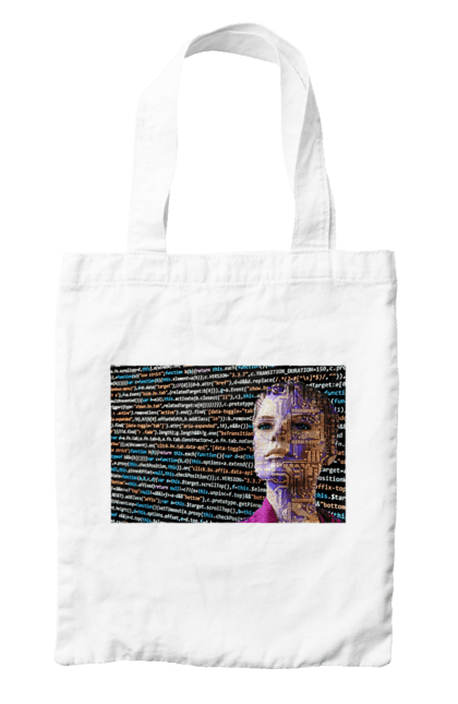 Сумка з принтом "Штучний Розум". Айті, айтішник, гик, жінка, знання, інженер, інтелект, кібер, кібернетика, кіборг, код, комп, комп`ютерник, кристал, машинне навчання, мікросхема, мозок, портрет, програміст, професіонал, професія, розробник, розум, світиться, світло, хакер, чіп, штучний інтелект, штучний розум. 2070702