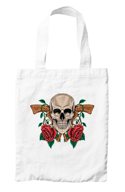 Bag with prints Skull with roses. Bones, eyes, flowers, gun, leaves, rose flower, scull, spikes, teeth. 2070702