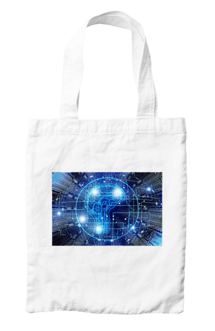 Сумка з принтом "Штучний інтелект". Айті, айтішник, гік, знання, інженер, інтелект, кібер, кібернетика, кіборг, код, комп, комп`ютерник, кристал, машинне навчання, мікросхема, мозок, портрет, програміст, професіонал, професія, розробник, розум, хакер, чіп, штучний інтелект, штучний розум. 2070702