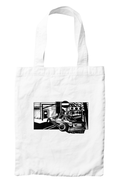 Сумка з принтом "Небезпечний Автомобіль на дорогах вулиць". Автомобіль, гонки, машина, небезпечний, чорно білий, швидкий. 2070702