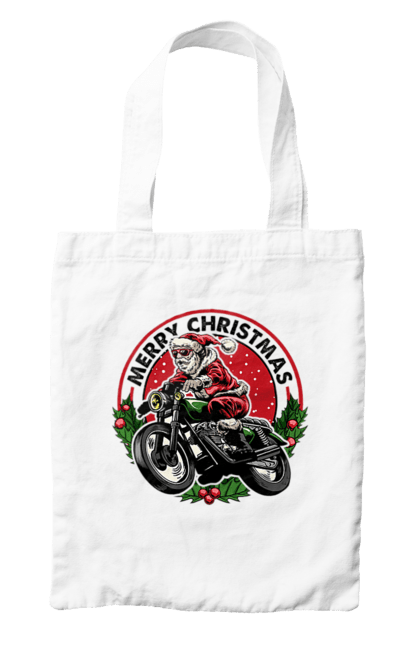 Сумка з принтом "Щасливого Різдва, дід мороз на мотоциклі". 2022, дід мороз, зима, мотоцикл, новий рік, подарунки, різдво, санта, сніг. 2070702