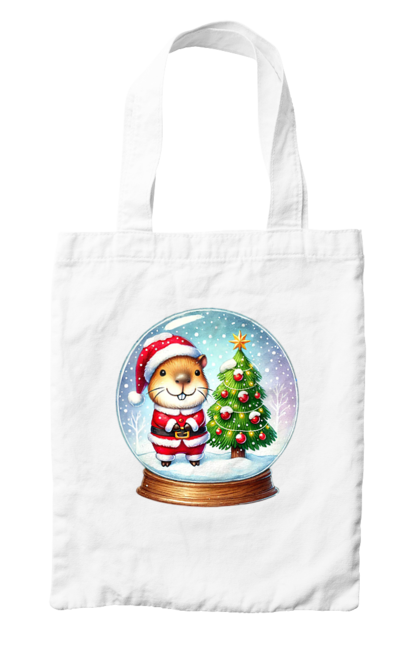 Bag with prints Christmas Capybara with a Tree. Animal, capybara, christmas, christmas capybara, christmas tree, gift, holiday, new year, new year`s gift, santa. 2070702