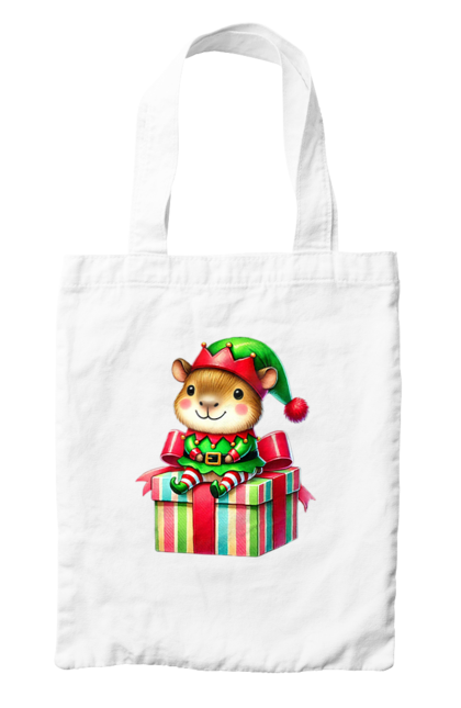 Bag with prints Christmas Capybara with a Gift. Animal, capybara, christmas, christmas capybara, christmas elves, gift, holiday, new year, new year`s gift, santa. 2070702