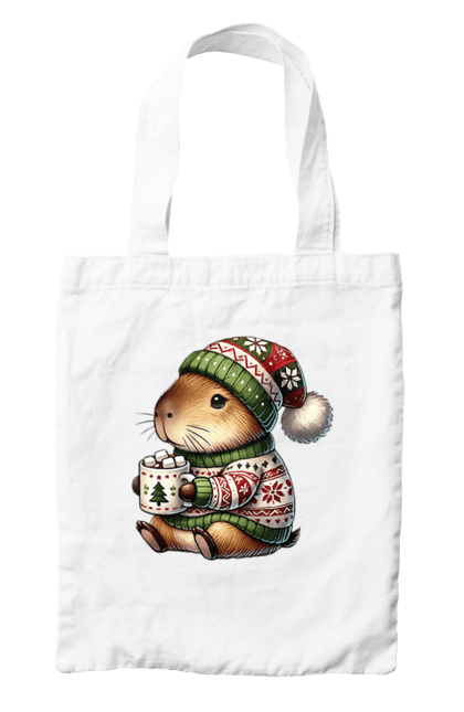 Bag with prints Capybara with hot chocolate. Animal, capybara, christmas, christmas capybara, gift, holiday, hot chocolate, new year, santa. 2070702